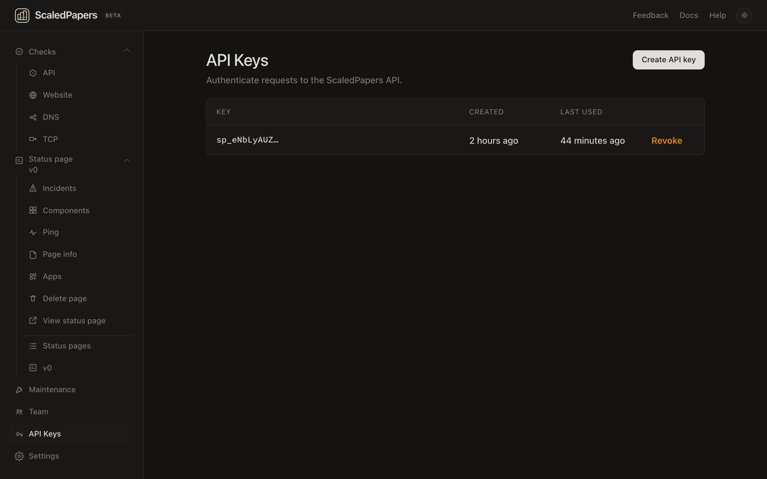 API Keys in the console: Create API key, prefix, Created, Last used, and Revoke.