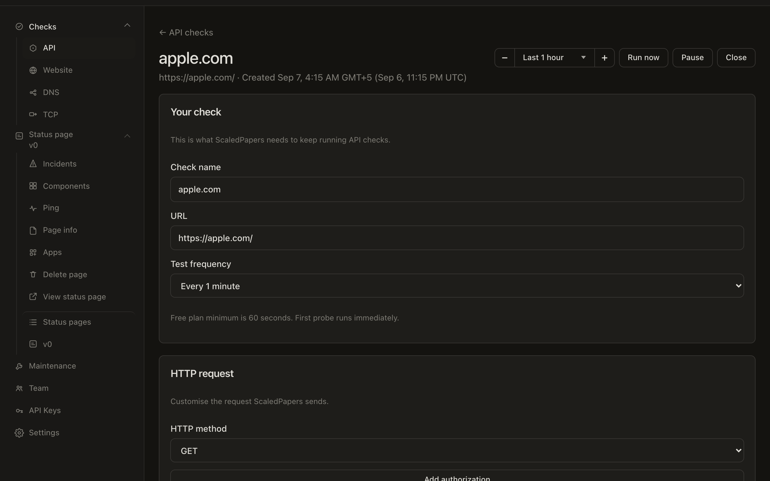 Edit check form on the detail page, with Your check and HTTP request open.