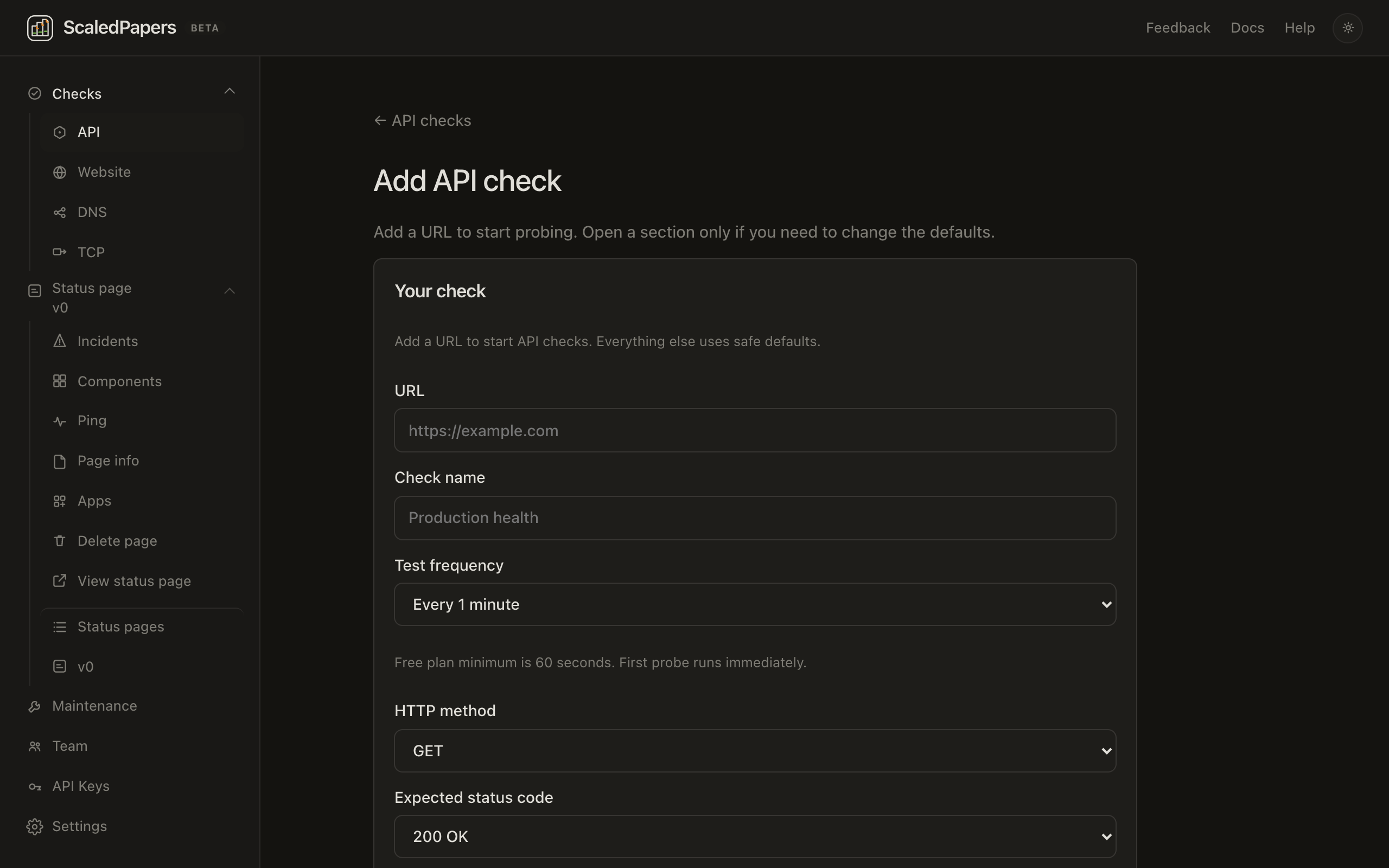 Add API check form: URL, name, frequency, method, and expected status.