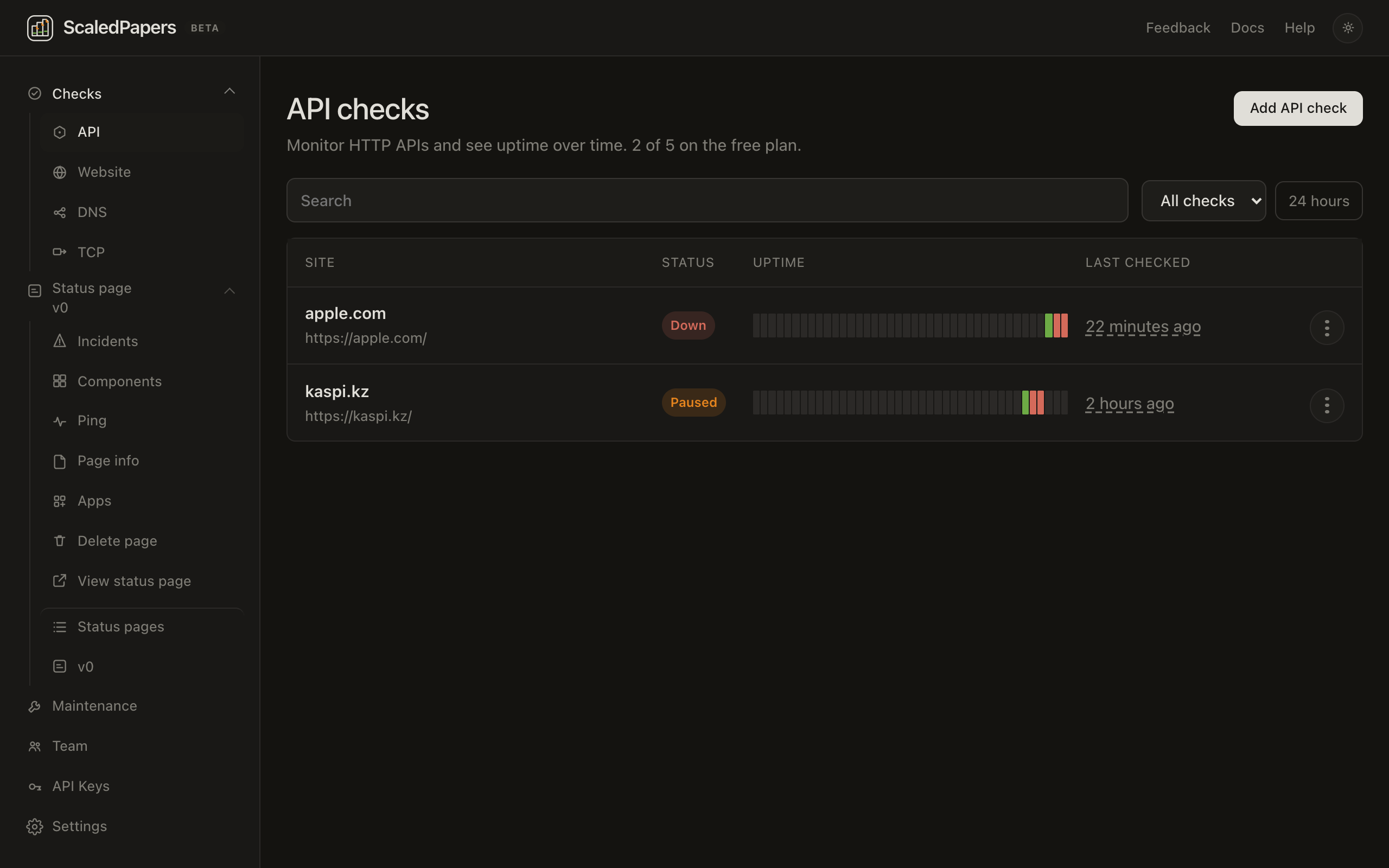API checks list with status pills, 24-hour uptime bars, and Add API check.