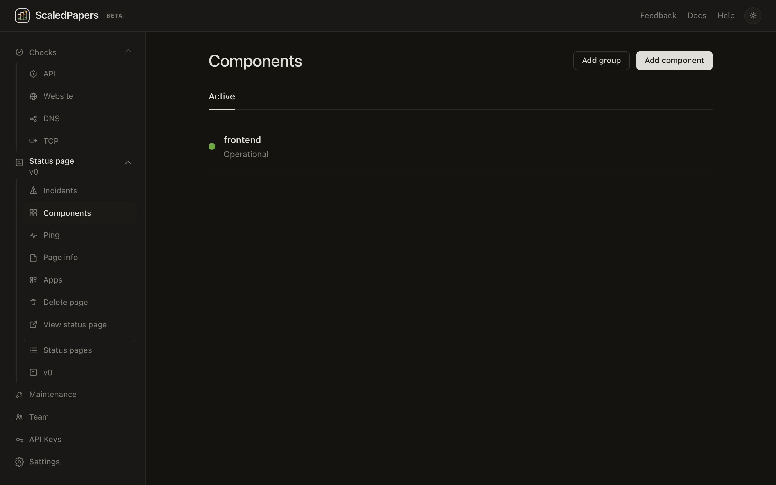 Components list with Add group, Add component, and an Operational row.