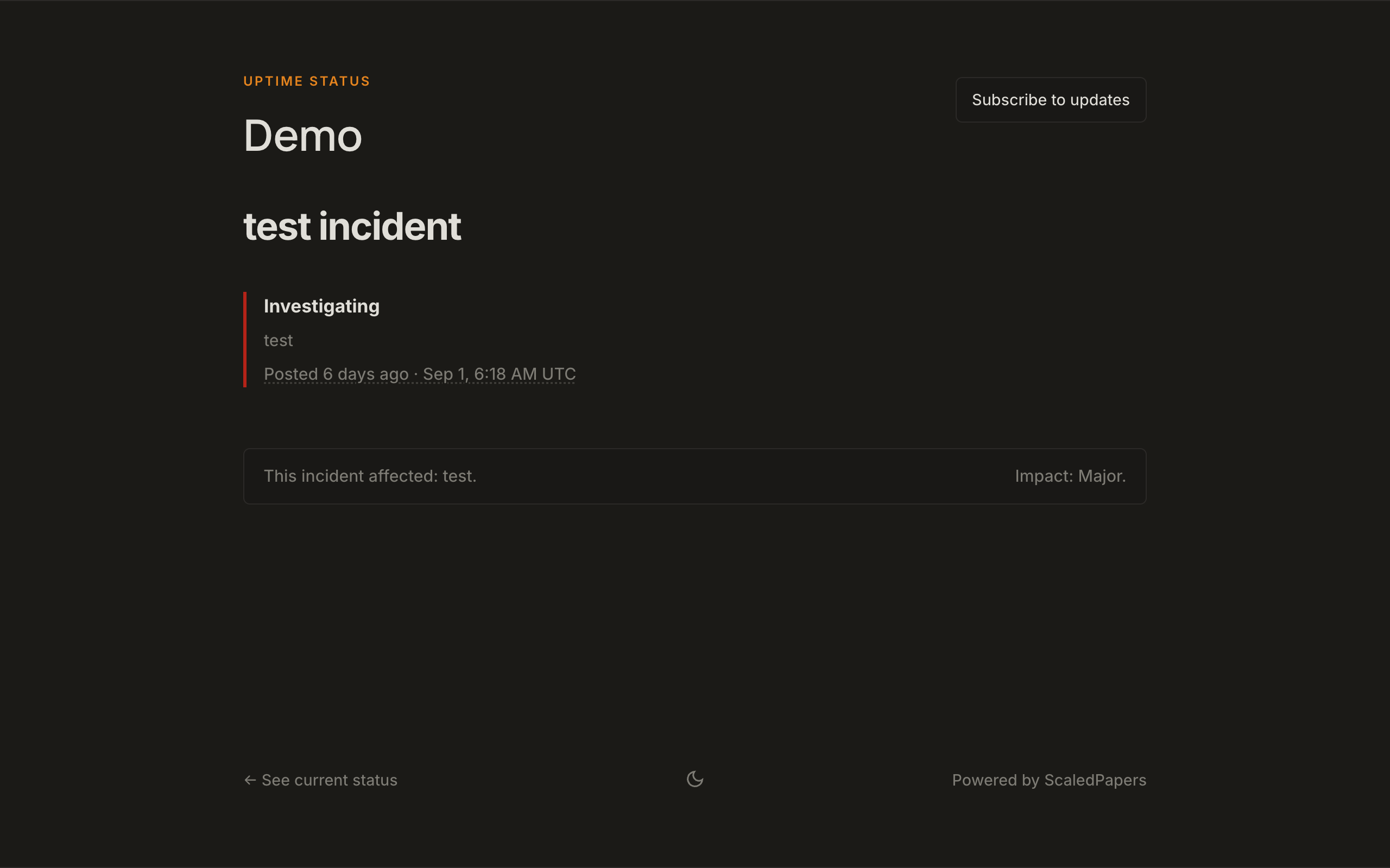 Public incident page: Investigating update, affected component, and Major impact.
