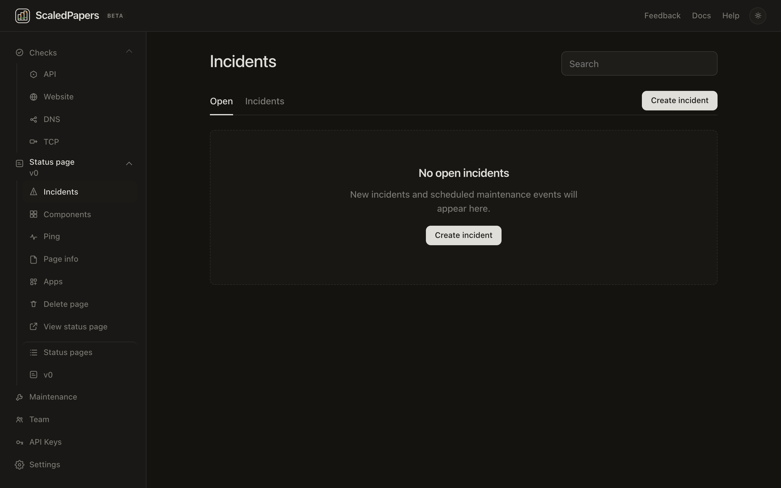 Incidents list: Open tab, search, Create incident, and an empty No open incidents state.
