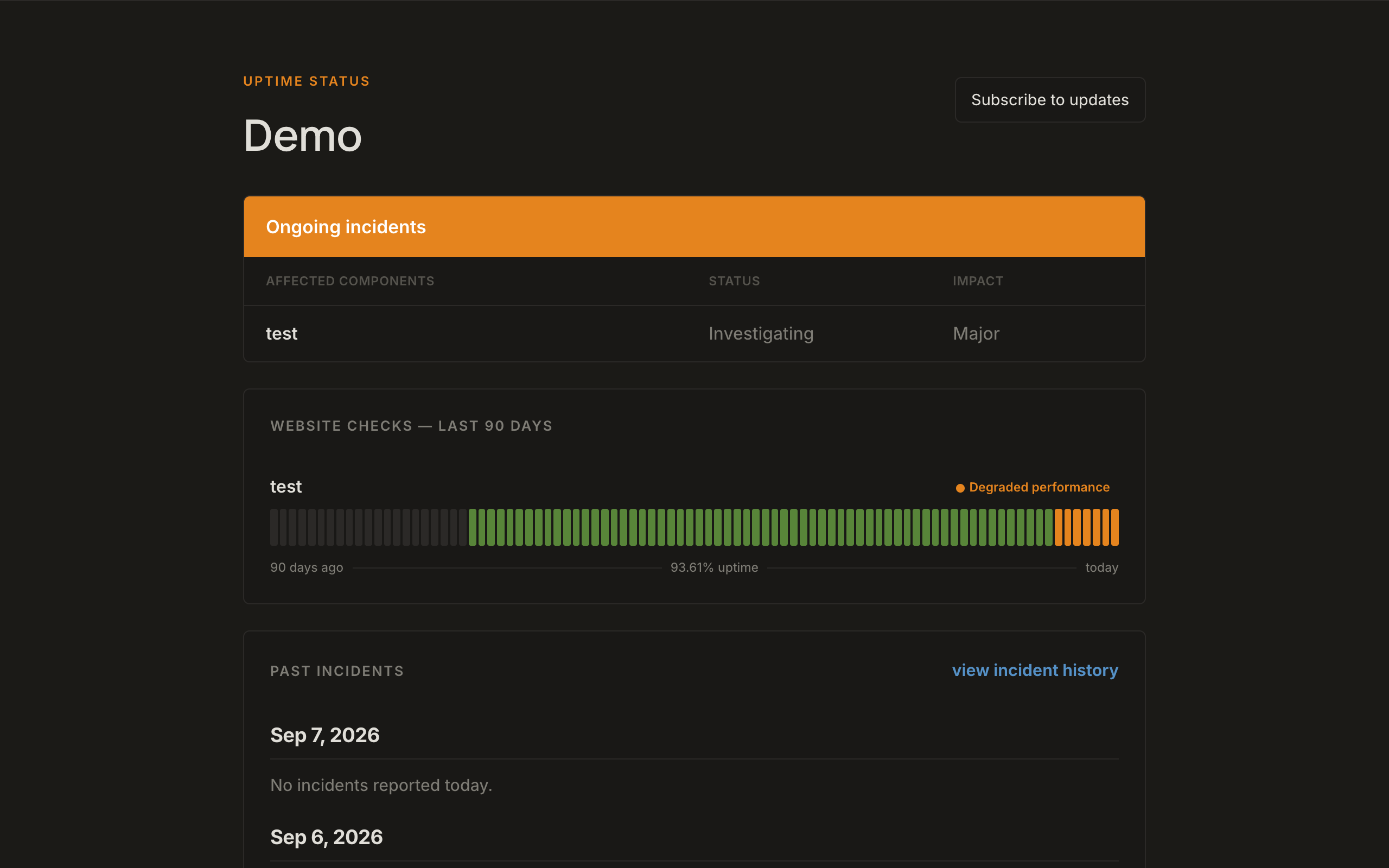 Public status page with an ongoing incident, 90-day component bar, and past incidents.