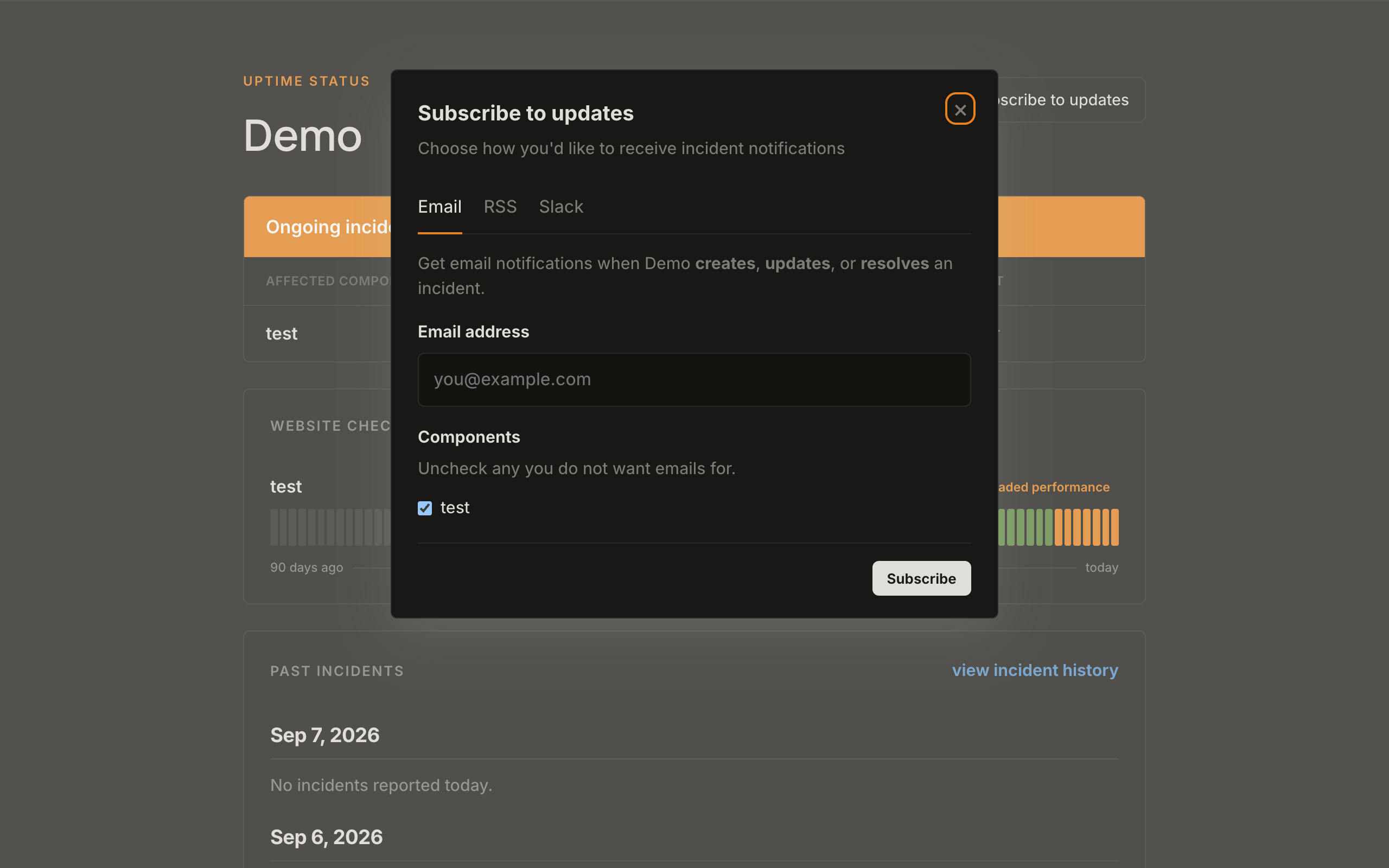 Subscribe to updates modal on Email: address field, component checkboxes, and Subscribe.