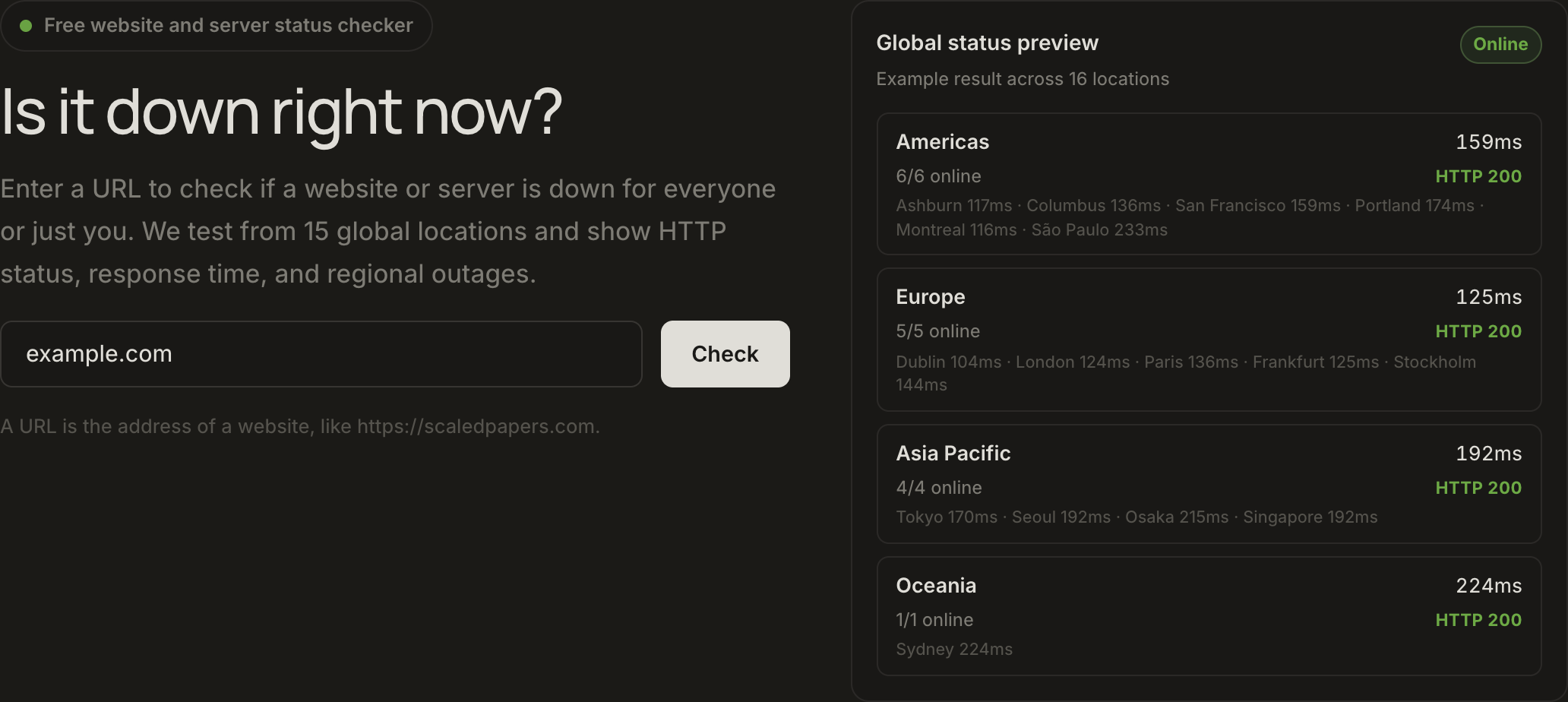 Homepage website checker: URL field, Check button, and a 16-location Global status preview.